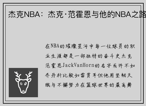 杰克NBA：杰克·范霍恩与他的NBA之路