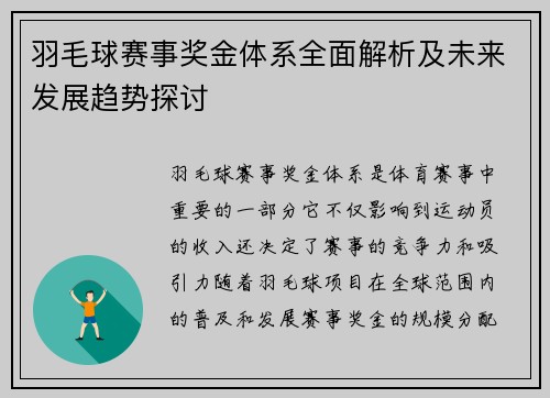 羽毛球赛事奖金体系全面解析及未来发展趋势探讨